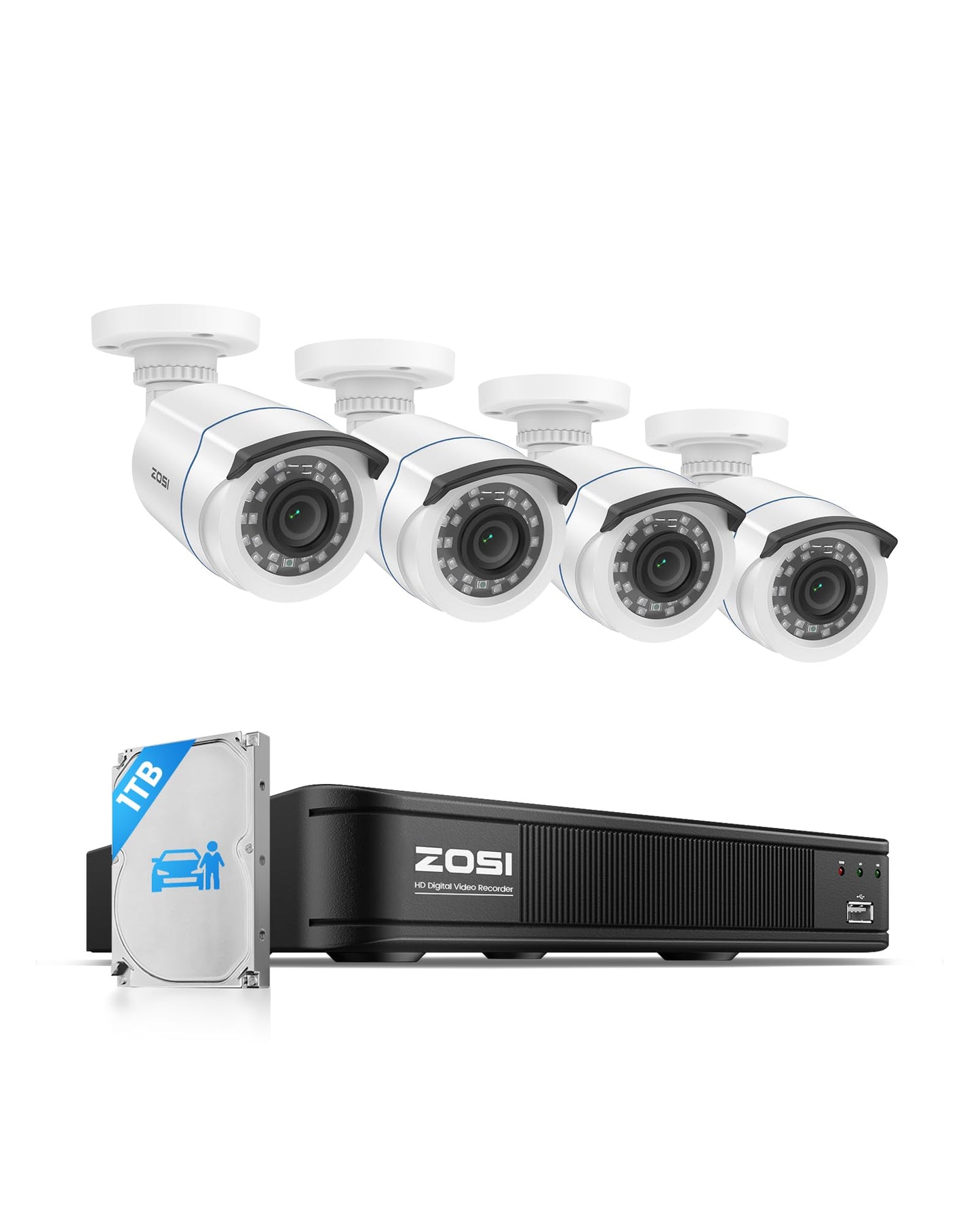 ZOSI H.265+ Full 1080p Home Security Camera System Outdoor Indoor, 5MP-Lite CCTV DVR 8 Channel with AI Human Vehicle Detection, 4 x 1080p Weatherproof