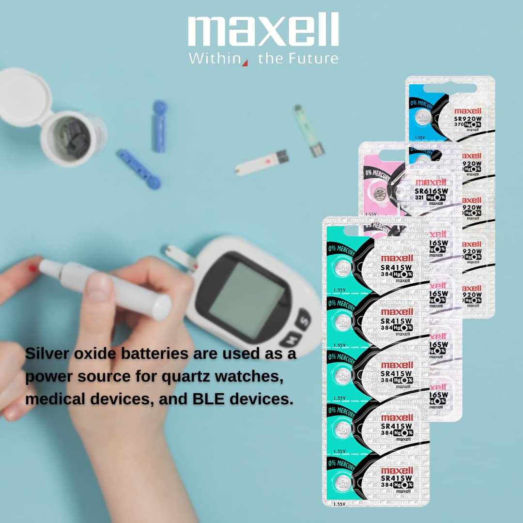 Maxell Watch Battery Button Cell SR41SW 384 Pack of 5 Batteries