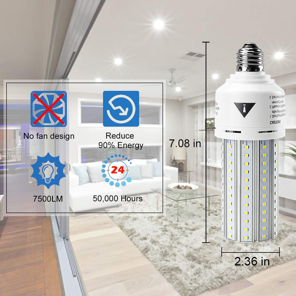 2 Pack 500W Equivalent LED Light Bulb 7500 Lumen 5000K Daylight White Bright E26/E27 Medium Base 60W Corn Light Bulbs for Outdoor Indoor Garage