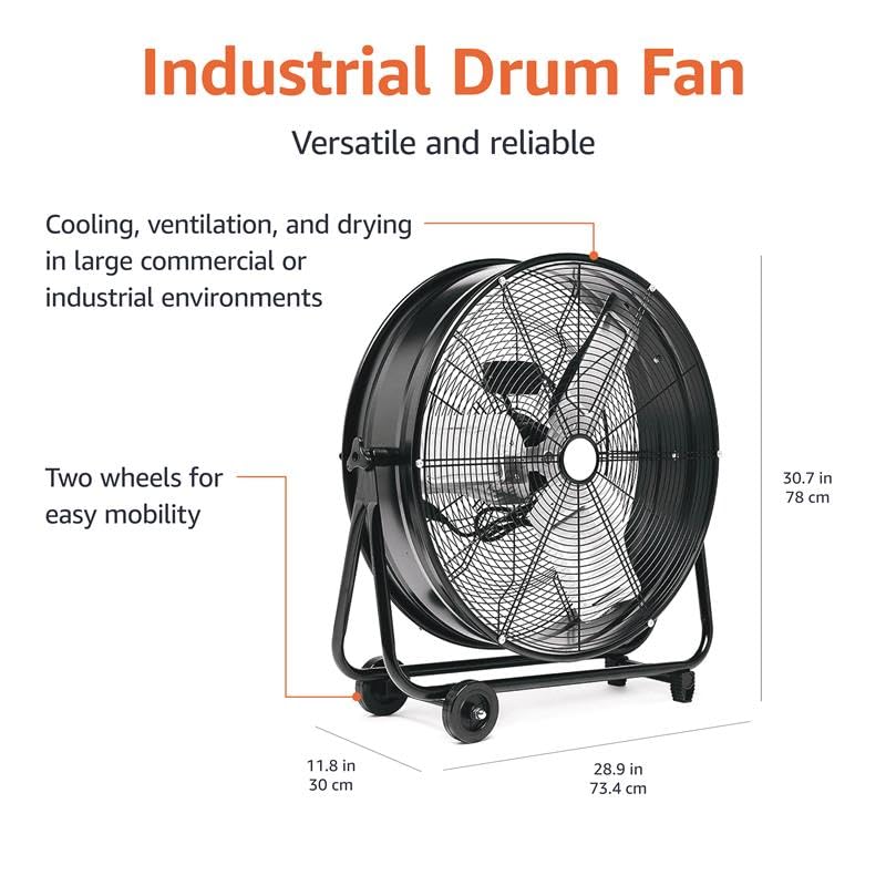 Amazon Basics 24" 215W High-Velocity, Heavy-Duty Industrial Fan, Drum Fan, with UL-Certified Safety Compliance, 2 Speeds, Up to 8820 CFM, 5.9-ft Power