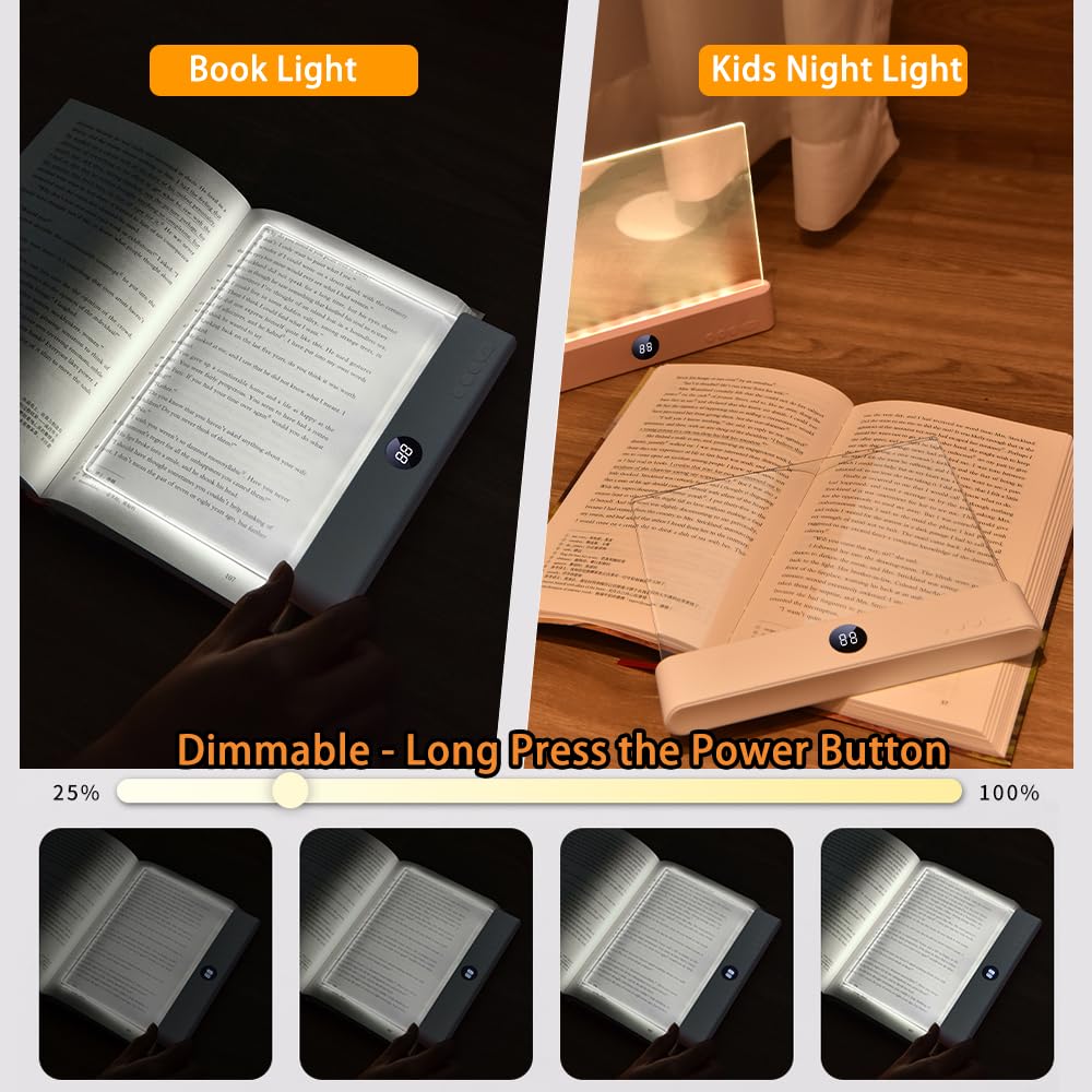 Book Light, Rechargeable Clear LED Flat Book Lights for Reading in Bed at Night with Dimmable 3 Colors & Timer, Full Page Panel Plate Lamp, Study