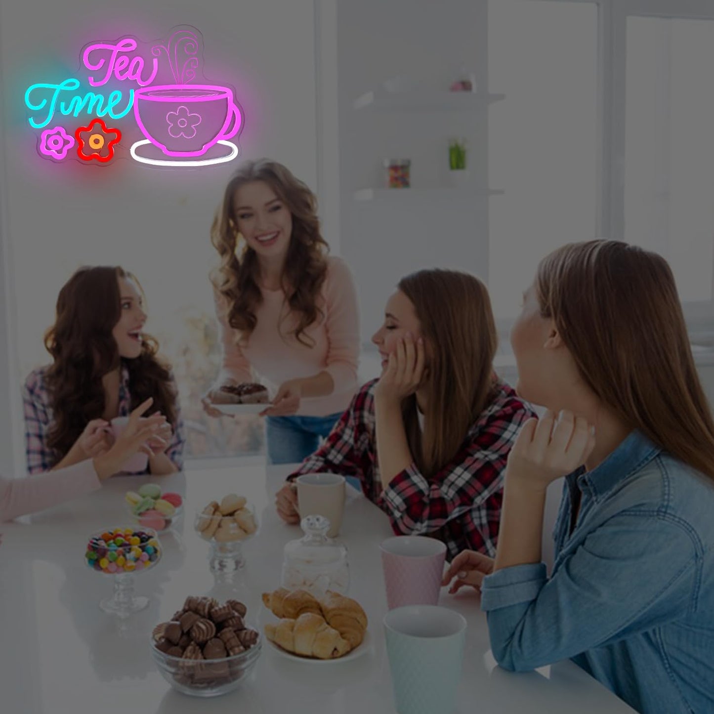 Lets Partea Neon Sign Dimmable Tea Time Party Decorations for Girls LED Garden Floral Teapots Teacups Light for Wall Decor Princess Tea Party