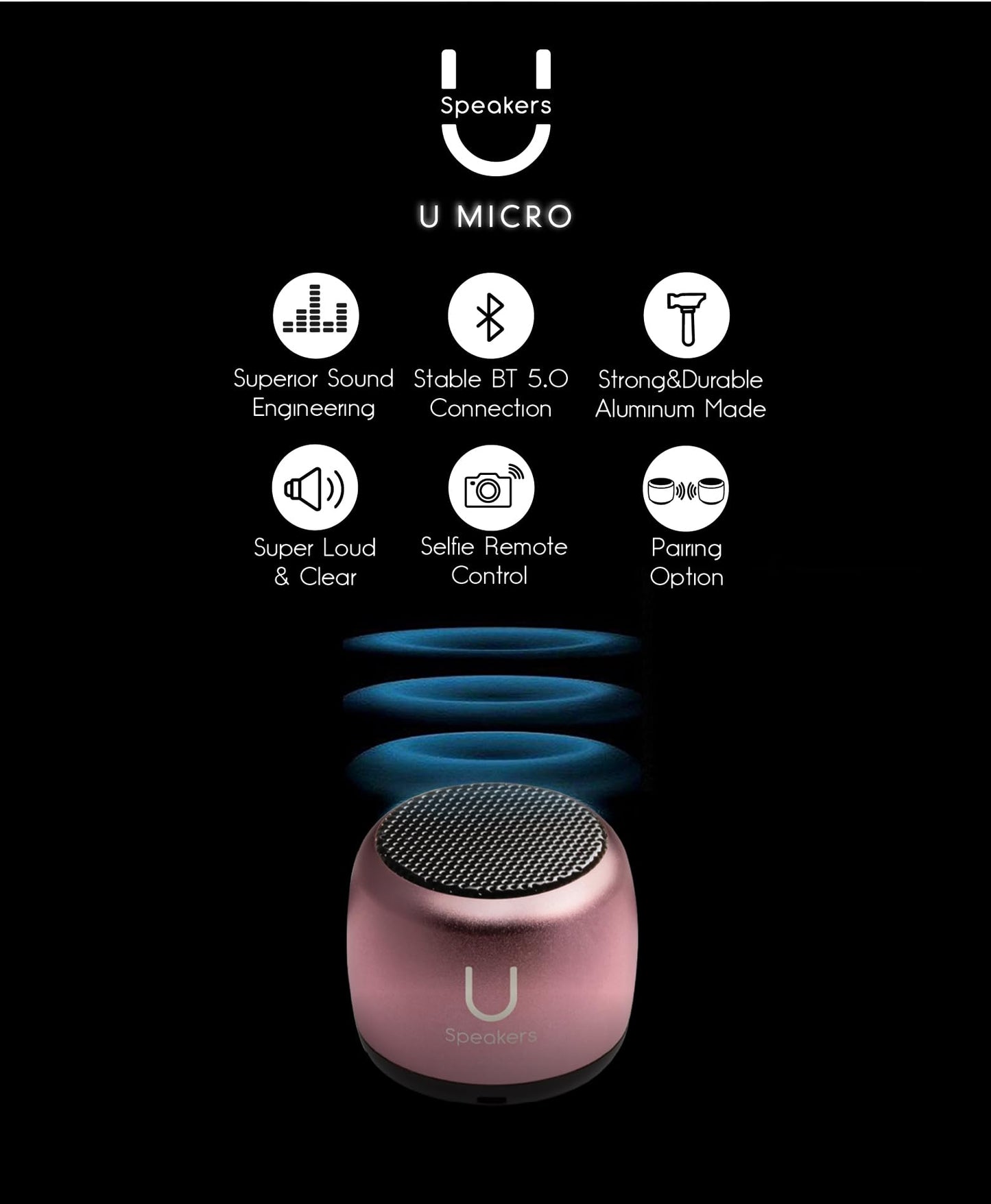 Fashionit U Micro Bluetooth Speaker | Coin-Sized Speakers Bluetooth Wireless with Built-in Mic & Remote Shutter | Portable Rich Sound for Travel