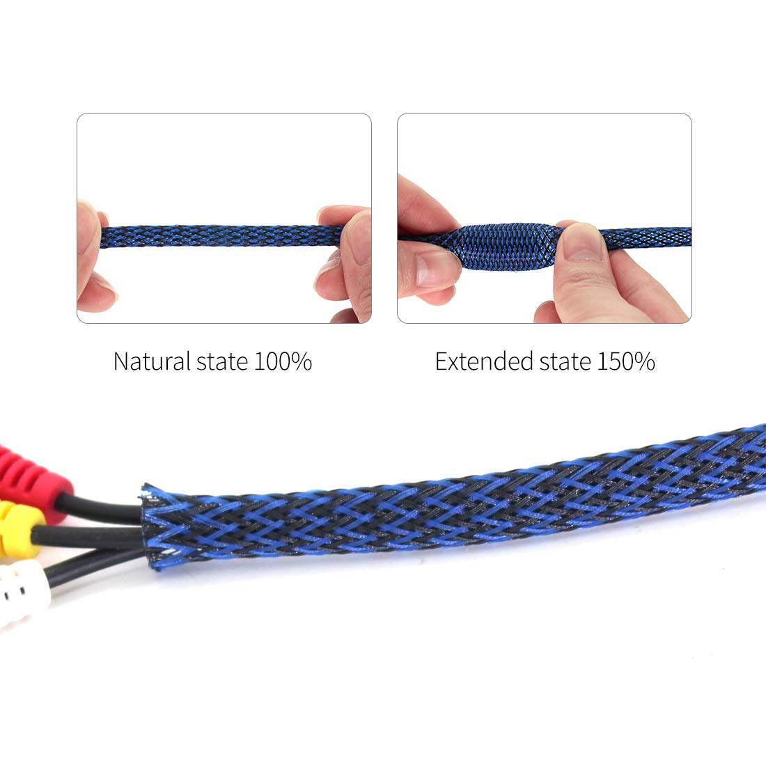 Black-Blue PET Expandable Sleeving Cord Protector Wire Loom Tubing Cable Sleeve for USB Charger Cable Power Cord Audio Video Cable Can Protect Cat Dog