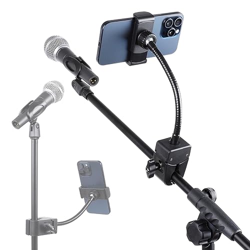 FPN Mic Stand Phone Holder, Flexible Phone Mount with 7.9" Removable Gooseneck for Microphone Music Stand, 360°Adjustable Phone Holder for iPhone 16