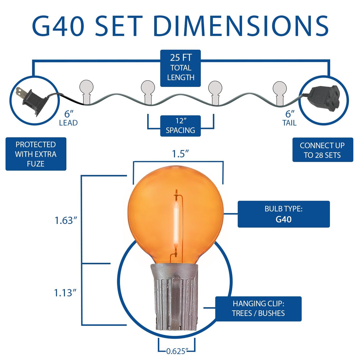 Novelty Lights G40 Filament LED String Light, Translucent Red/Orange/Yellow Bulbs, 25 Globe Lights with 12" Spacing on Green Wire, Indoor/Outdoor