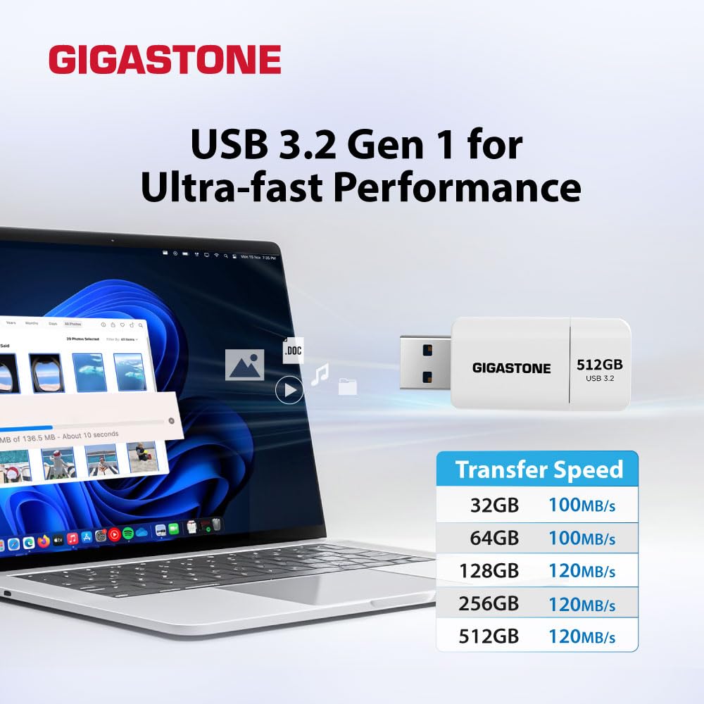 GIGASTONE 128GB Flash Drive, Z60 USB 3.2 Gen 1, 120MB/s Ultra Fast, Retractable Capless Slider Design, Data Storage, Backup for PC/Mac/TV/Car Audio
