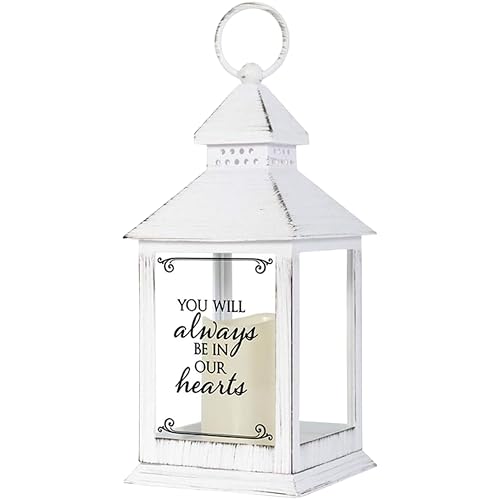 Distressed White Memorial Lantern with Flameless Candle (Always in Our Hearts)