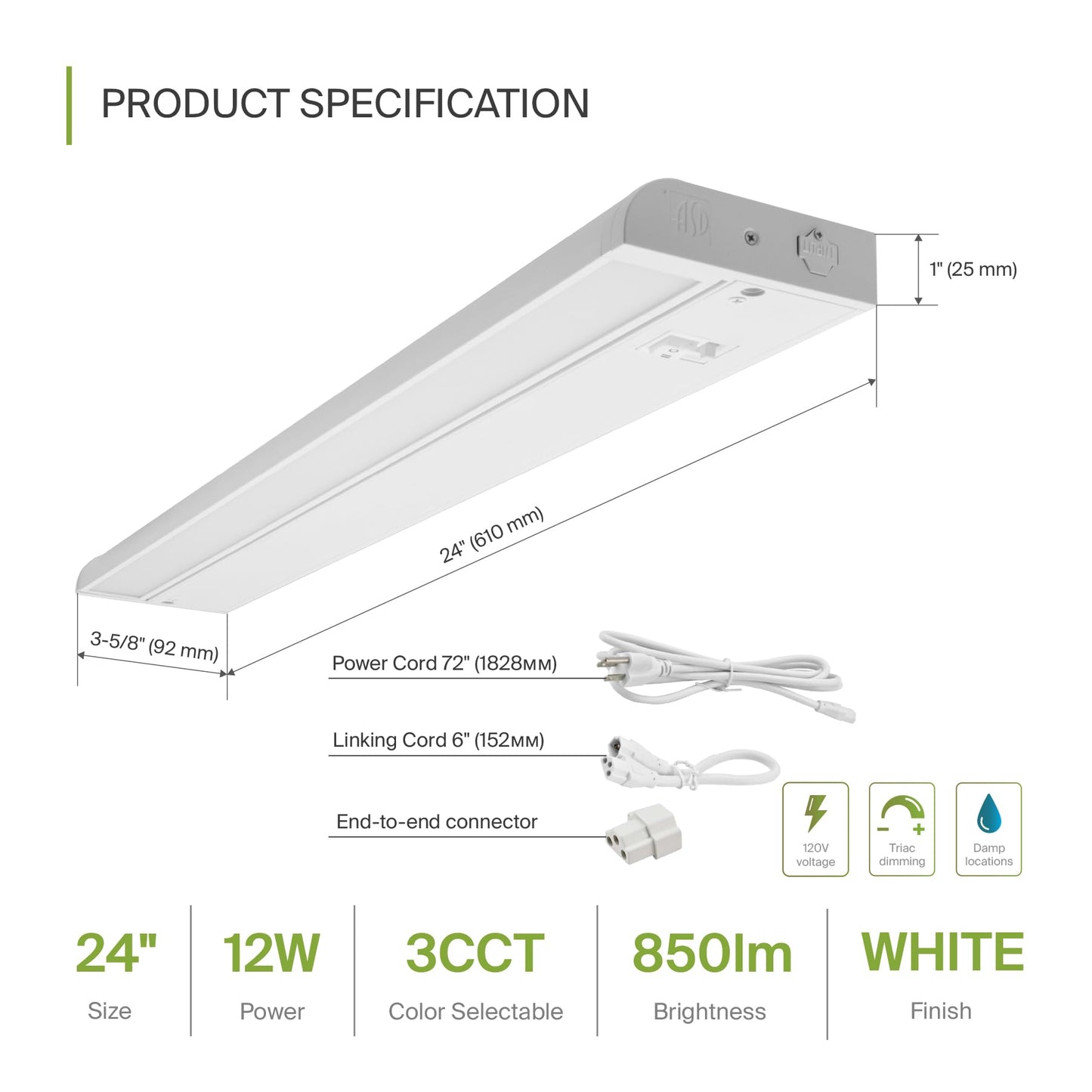 ASD Swivel LED Under Cabinet Lighting Plug in or Hardwired 24 Inch, Dimmable Under Cabinet Lights with High/Low/Off Switch, 3CCT 2700K-4000K, Linkable