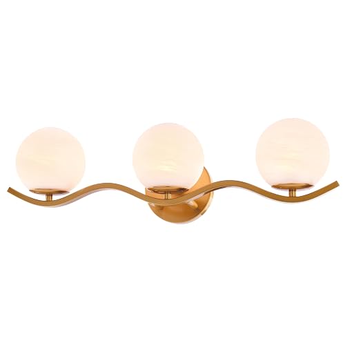 VAXCEL Monticello 3-Light 22 in. Wide Muted Brass Gold Bathroom Vanity Lighting Fixture, White Alabaster Glass Globe Shade, Dimmable, Reversible Over