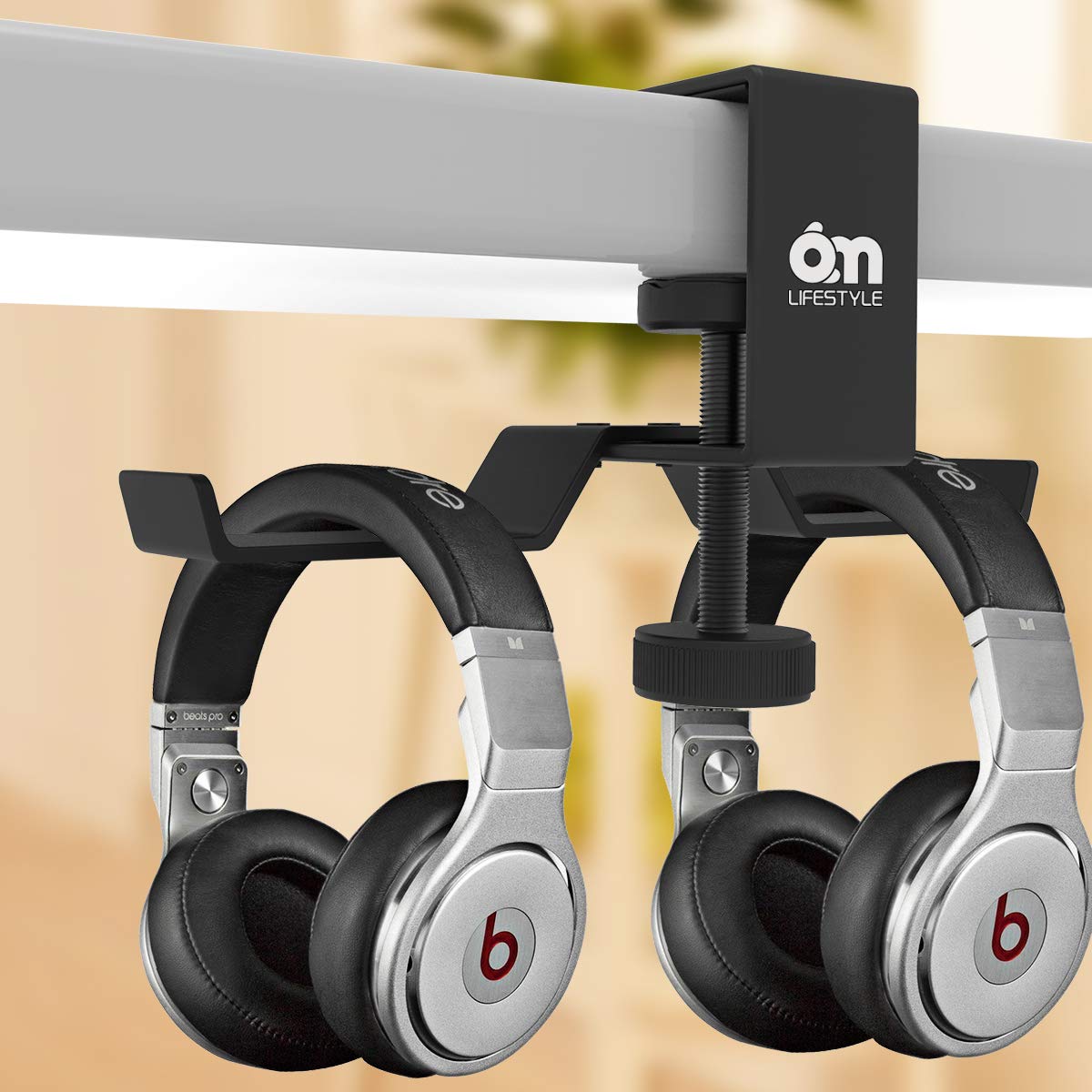 6amLifestyle Under Desk Dual Headphone Hanger, Metal Headset Stand Gaming Earphone Holder Universal Clamp on Desk Hanger Hook for All Headsets, Black