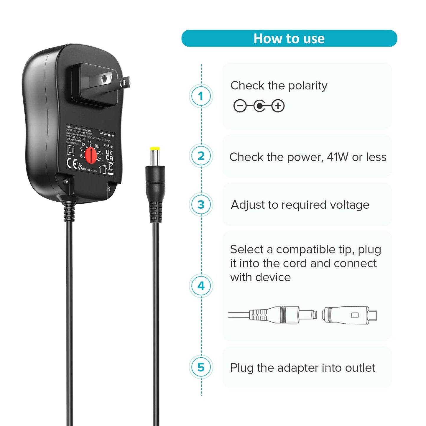 Powseed 6V 9V 12V 15V 18V 20V 24V DC Power Supply Universal AC Adapter 5V 1A USB Charger for Electronics LED Strip Light CCTV Camera Router Lamp…
