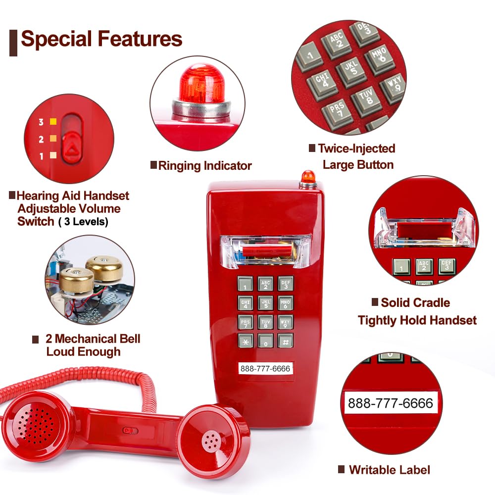 HTMengt Traditional Red Wall Phones for Landline Mechanical Ringing, Classic 2554 Wall Telephone Ringing Indicator, Retro Wall Phone Hearing Aid, Old
