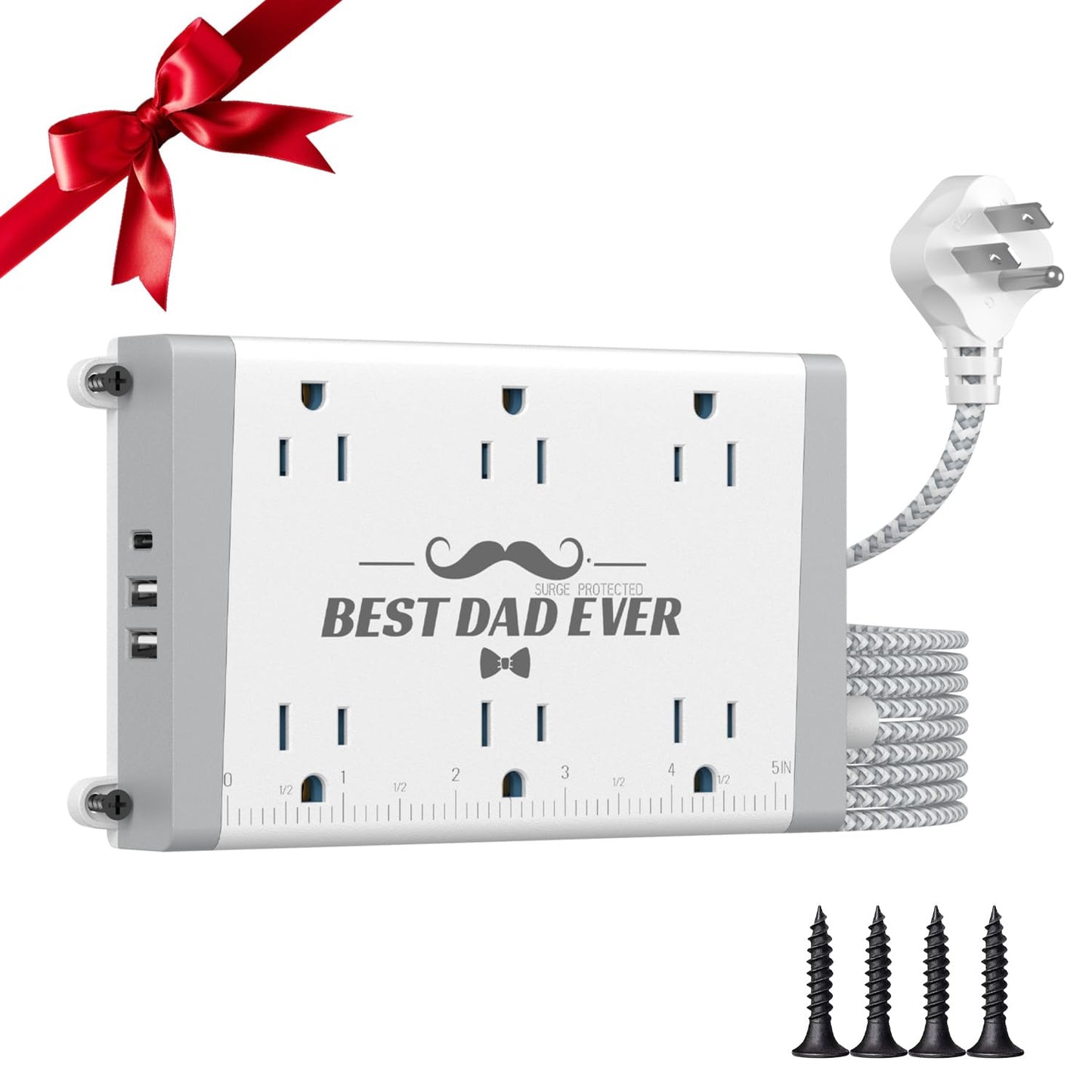 Wall Mount Power Strip with Surge Protector - 6 Outlets 3 USB (USB-C 15W), 6ft Braided Cord, On/Off Switch, Workshop & Garage Essentials - Gifts Dad