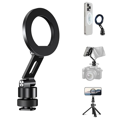 elitehood Aluminum Magnetic Camera Phone Mount with 360° Rotatable Cold Shoe Base, MagSafe iPhone Tripod Mount Adapter with 1/4” Screw & Hot Shoe