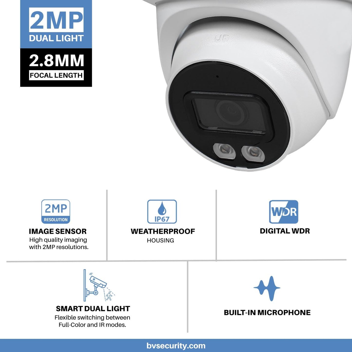 R-Tech 2MP Smart Dual Light HDCVI Fixed-Focal Eyeball Camera, Full-Color Night Vision, 3D NR, Built-in Mic, 40m IR Distance, IP67 Weatherproof, 2.8mm