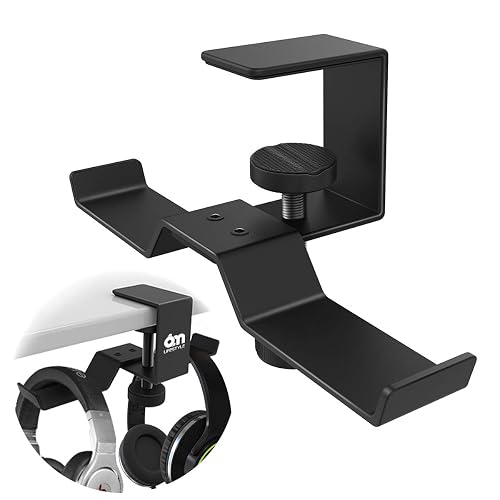 6amLifestyle Under Desk Dual Headphone Hanger, Metal Headset Stand Gaming Earphone Holder Universal Clamp on Desk Hanger Hook for All Headsets, Black