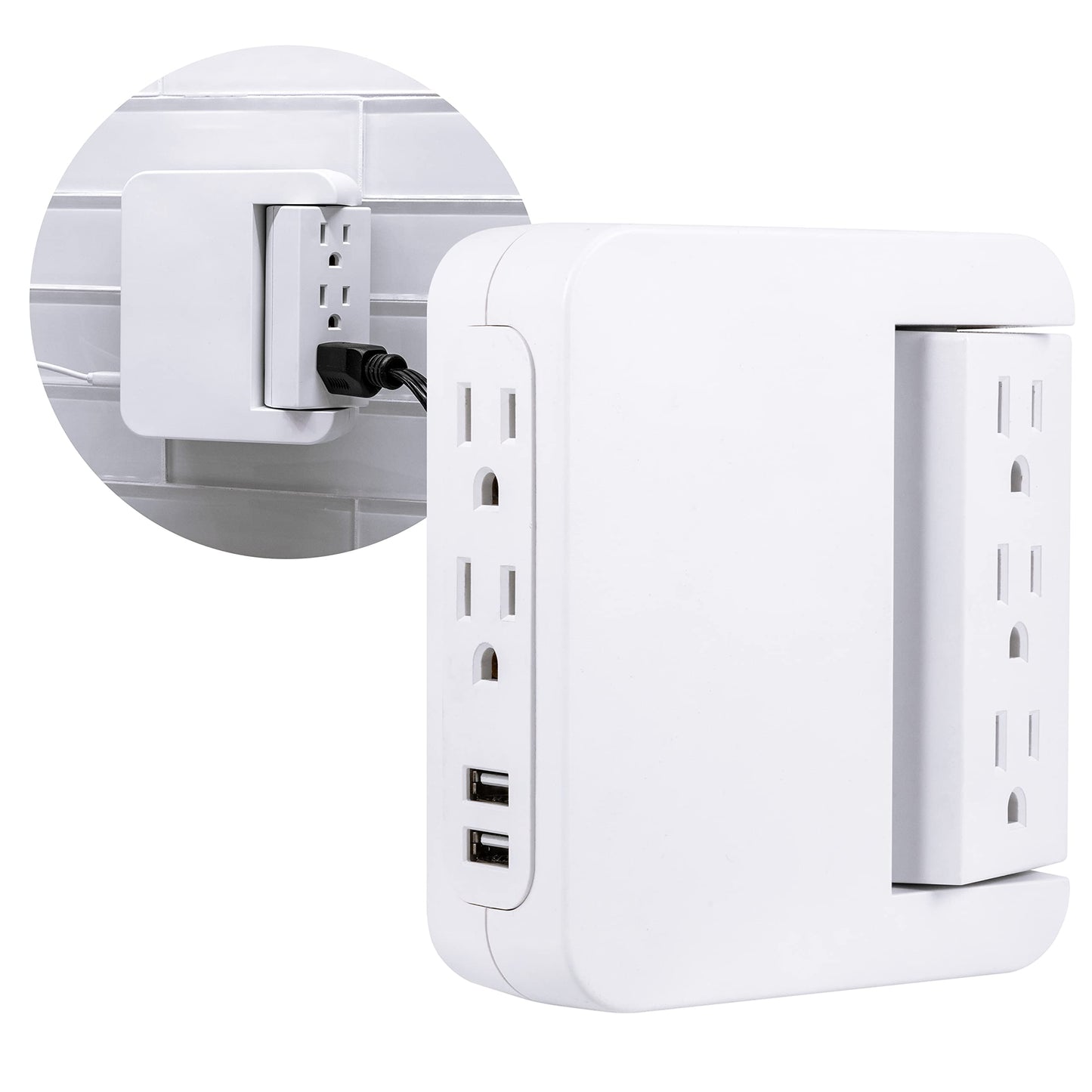 GE Pro Side-Access Swivel Surge Protector, 5-Outlet Extender with 2 USB Ports, Wall Tap Adapter, Charging Station, 3-Prong, 560 Joules, 2.4 AMP/12