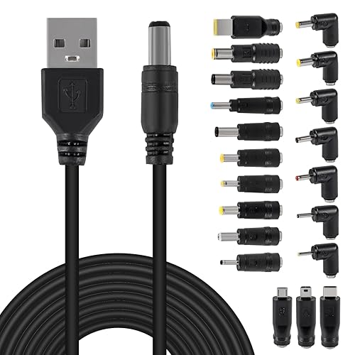 MELIFE USB to DC 5V Power Cord, Universal DC 5.5x2.1mm Plug Jack Charging Cable with 20 Connector Tips, 3.3ft USB C to DC Adapter Compatible with 5V