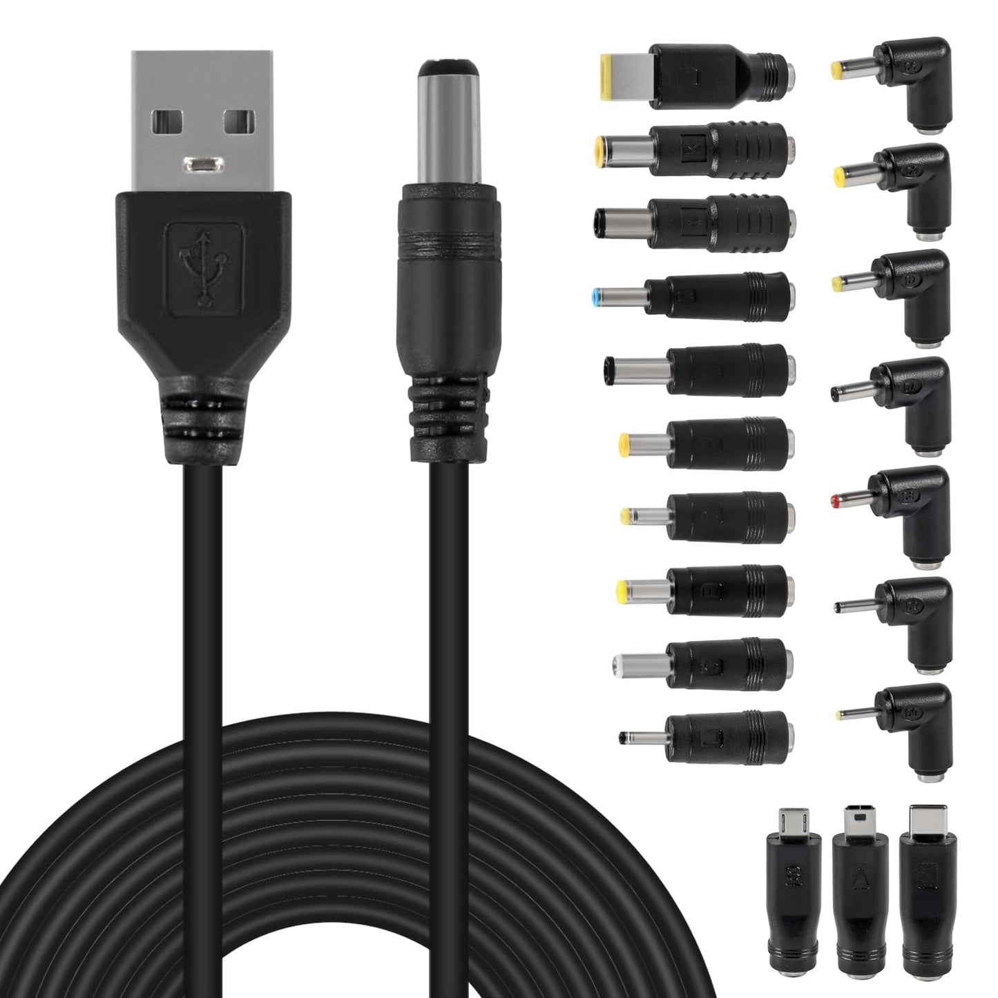 MELIFE USB to DC 5V Power Cord, Universal DC 5.5x2.1mm Plug Jack Charging Cable with 20 Connector Tips, 3.3ft USB C to DC Adapter Compatible with 5V