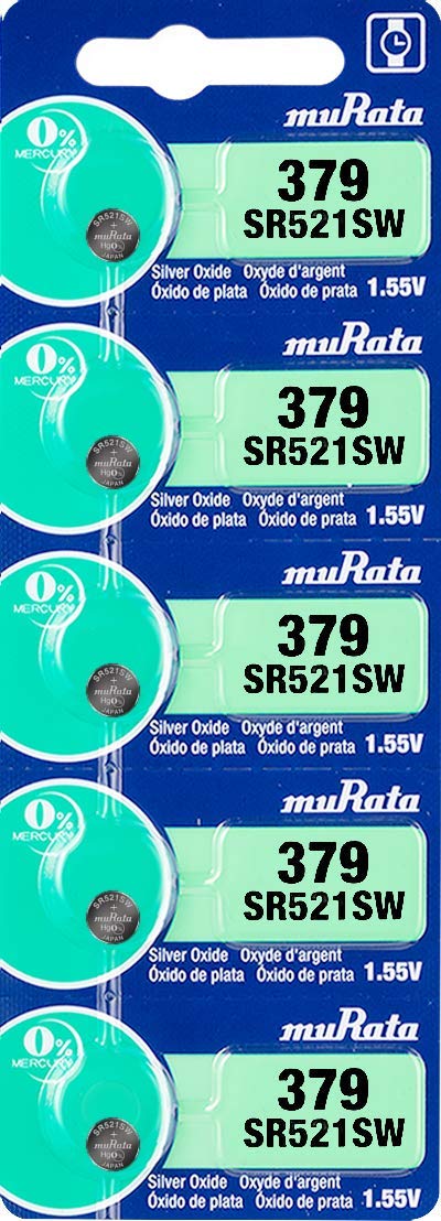 Murata 379 Battery SR521SW 1.55V Silver Oxide Watch Button Cell (5 Batteries)