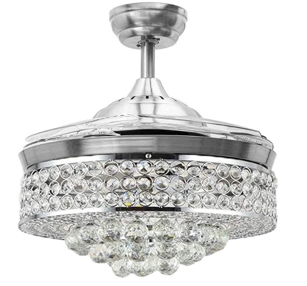Angry Pryo 42" Crystal Ceiling Fan with Light Retractable Blades Modern LED Chandelier Remote 3 Colors 3 Speeds Silent Ceiling Fans Lighting