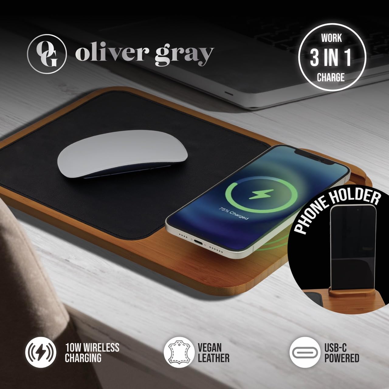 Oliver Gray Mousepad with Wireless Charger - 3-in-1 Wooden Wireless Charging Station & Phone Holder, Premium Vegan Leather Desk Charger Mat