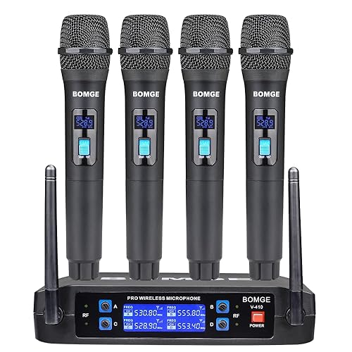 BOMGE Wireless Microphone System, Pro 4-Channel Cordless Mic Set with Four Handheld Mics, Fixed Frequency, Long Range 200ft, Ideal for Church,Karaoke