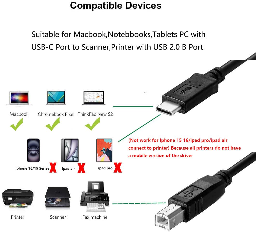 Storel for iPhone 15 Printer Cable 6.6FT, USB B to USB C Printer Cord for MacBook Pro iPhone 16 Pro, Air, MIDI Cable for Yamaha Casio Digital Piano