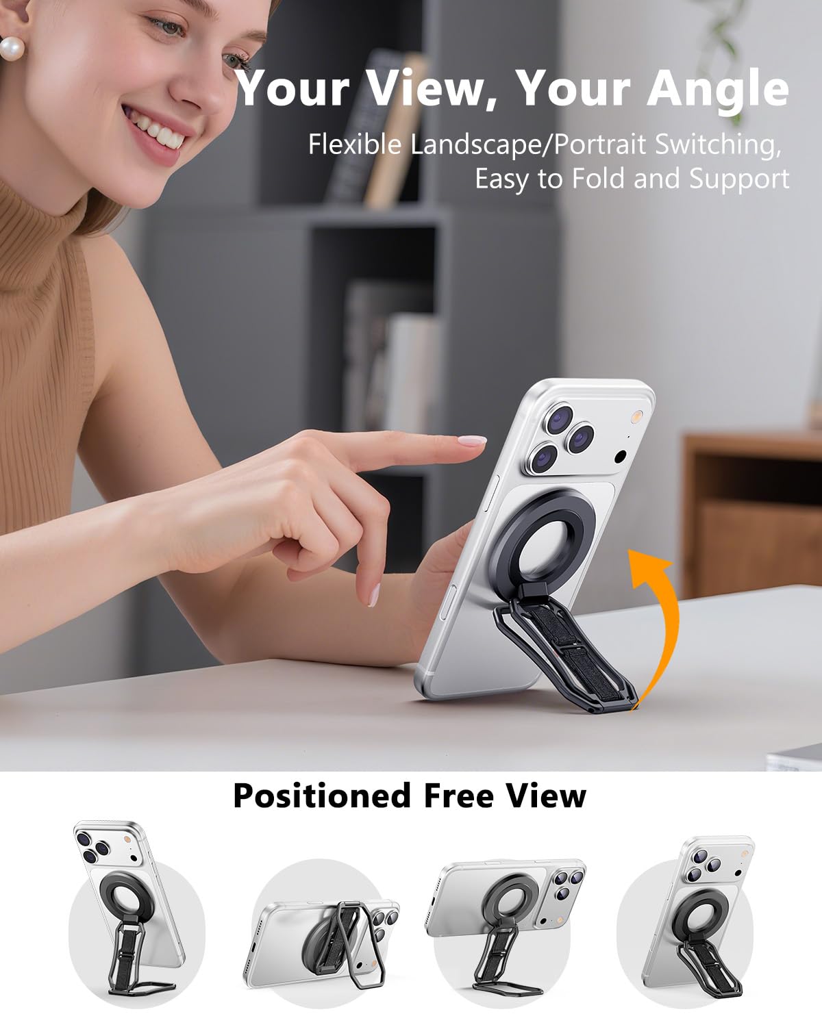 Oerwin for Magsafe Phone Grip, 6-in-1 Magnetic Phone Holder for Magsafe Kickstand, 360° Rotation Phone Ring Holder with Elastic Strap, Compatible