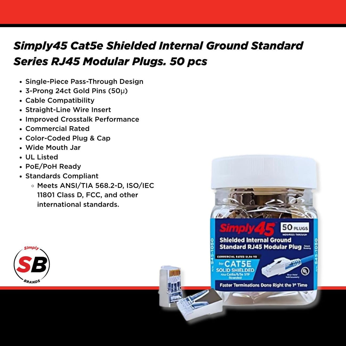 Simply45 Cat5e Shielded Internal Ground Standard RJ45 Modular Plugs, 50pcs
