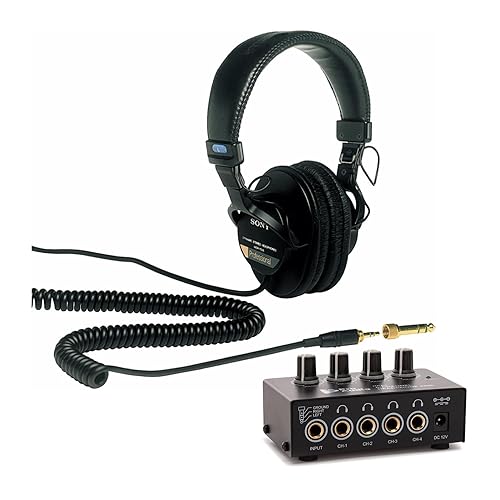 Sony MDR7506 Folding Professional Closed Ear Headphones Bundle with FocusProAudio Compact 4-Channel Stereo Headphone Amplifier with DC 12V Power…