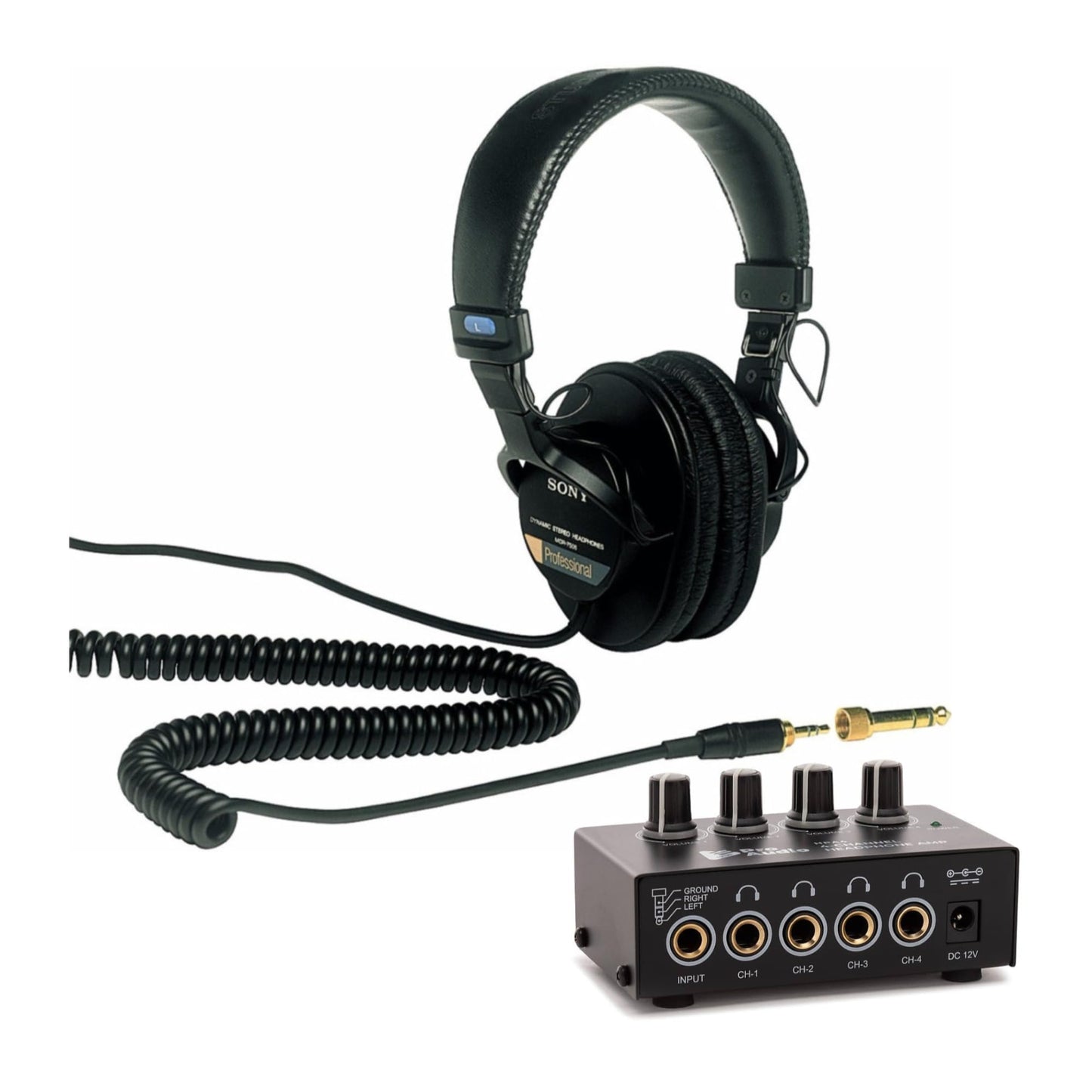 Sony MDR7506 Folding Professional Closed Ear Headphones Bundle with FocusProAudio Compact 4-Channel Stereo Headphone Amplifier with DC 12V Power…