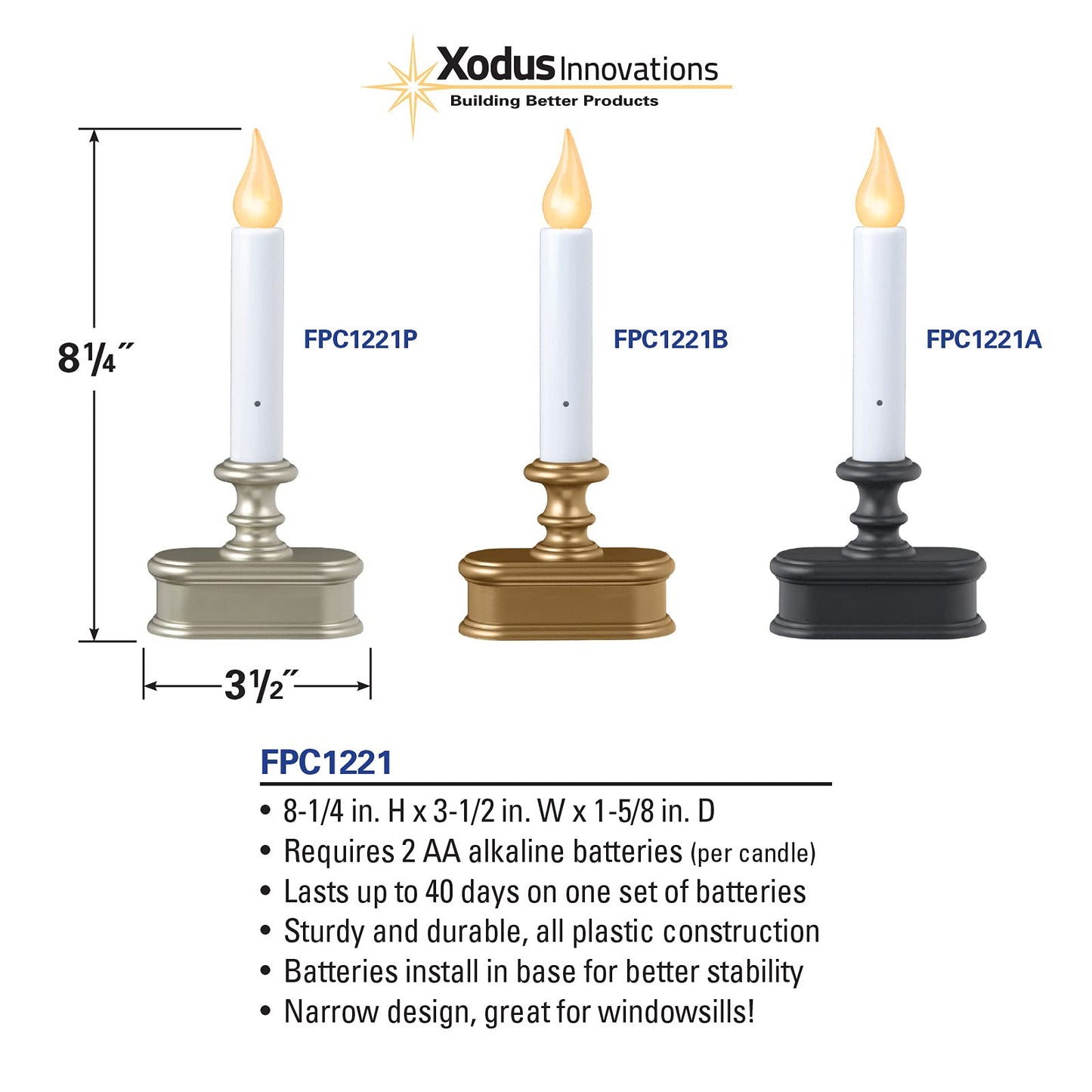 Xodus Innovations FPC1221P-R6 Battery Operated LED Dusk to Dawn Window Candle with Amber Steady On or Flicker Flame,Pewter/Silver Pack of 6