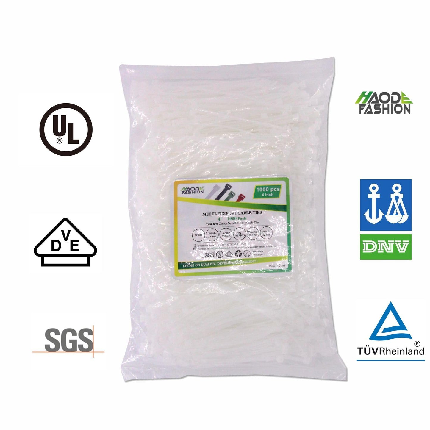 HAODE FASHION White Clear Zip Ties 4 Inch 1000 Pack,Small Zip Tie Wraps Bulk, Enduring Plastic Ties 18 LBS Strength, Assorted Clear Tiny Cable