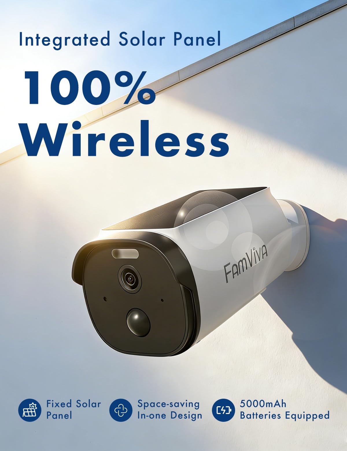 FAMVIVA Solar Security Cameras Wireless Outdoor, 2K/3MP Battery Powered Camera with Integrated Solar Panel, AI Motion Detection, Color Night Vision