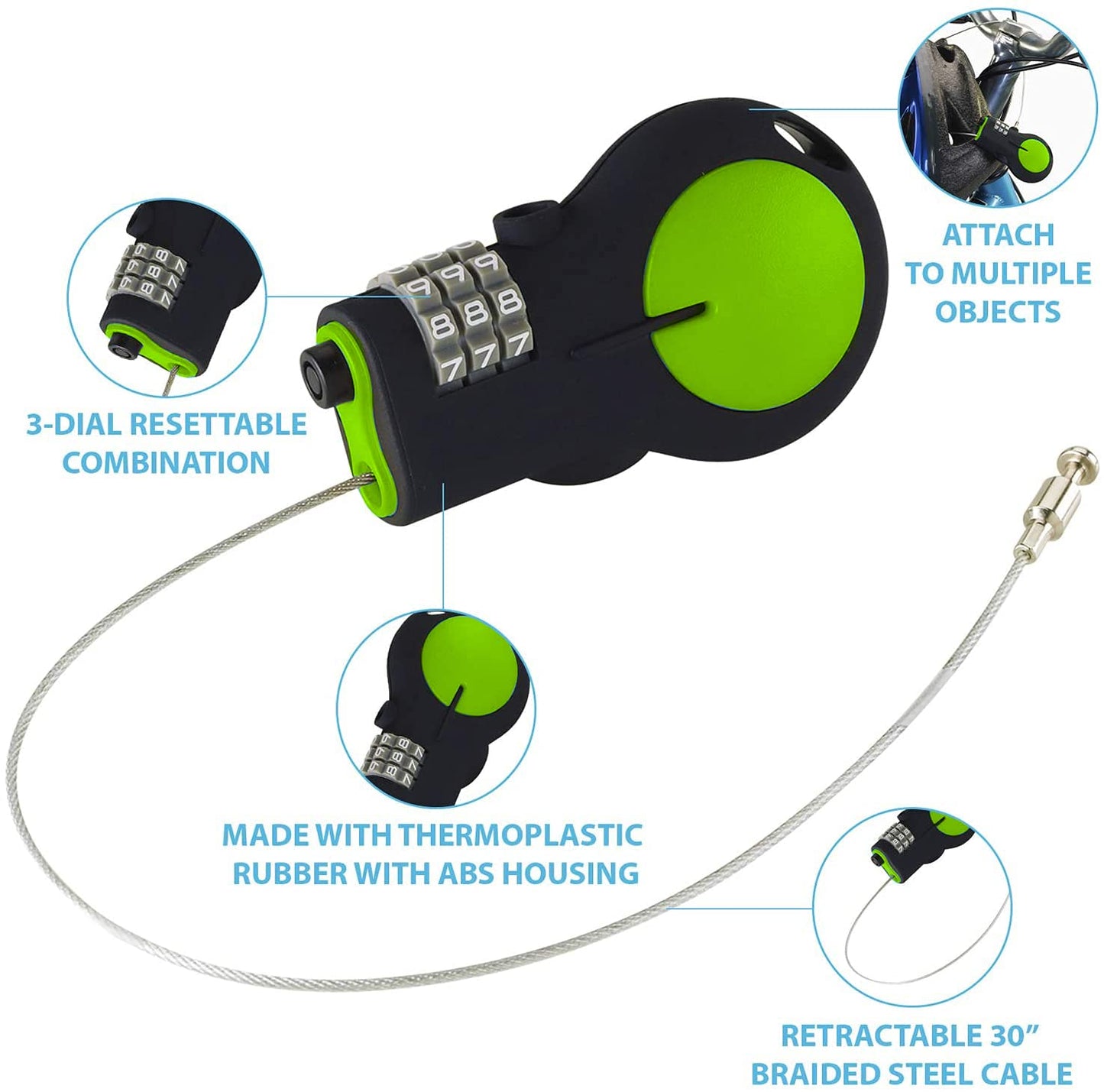 Lewis N. Clark TSA Approved Cable Lock – Travel & Bike Lock with 30" Retractable Steel Cable, Resettable Combination, Green