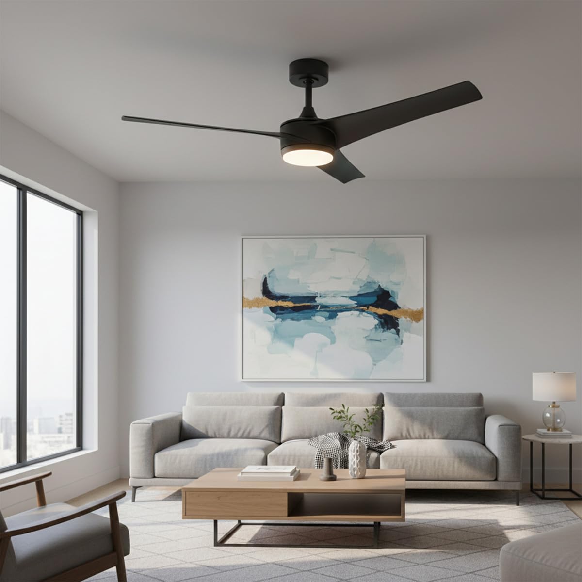 East Grove Home Velocity Indoor or Outdoor 52in 3-Blade Smart Ceiling Fan 2700K-6000K CCT Tunable Range LED Light Kit in Matte Black with Remote