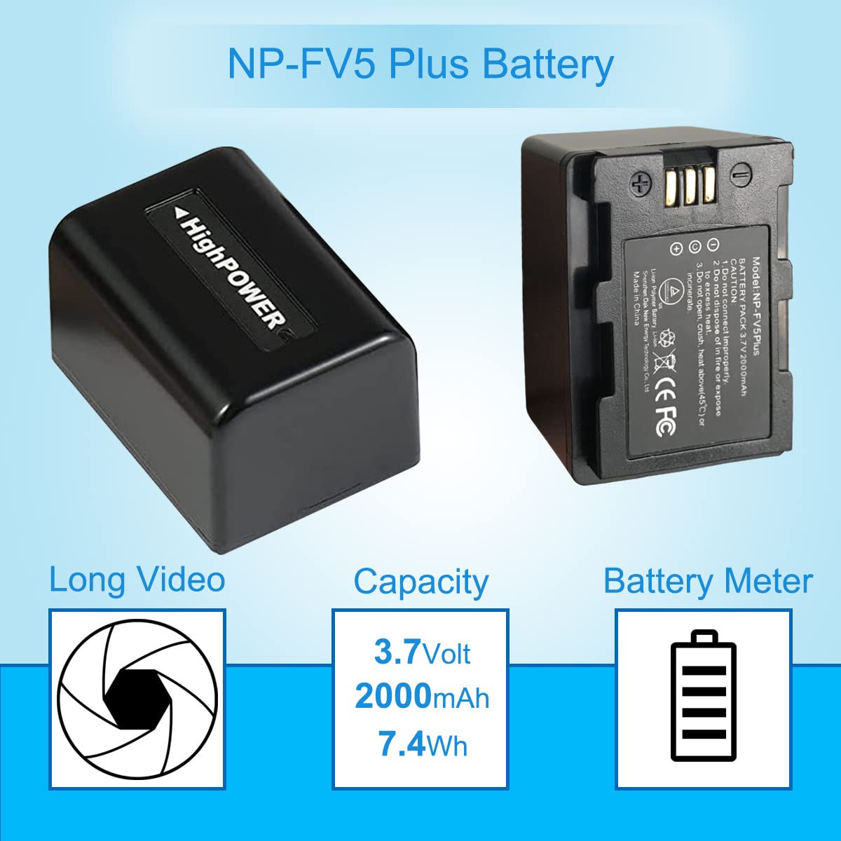 CofunKool NP-FV5 Battery Charger and 2 NP-FV5 Plus Battery 3.7V 2000mAh, Video Camera Camcorder NP-FV5 Plus Battery Charger with USB-C Charging Cable