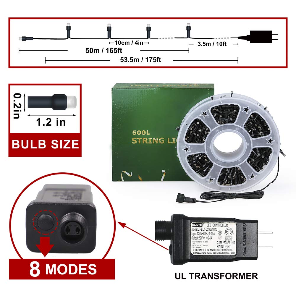 MYGOTO Christmas LED String Lights 500L 165feet 8 Modes 30V Plug in String Lights Green Wire Fairy Outdoor Lights Home Garden Party Wedding Xmas Tree