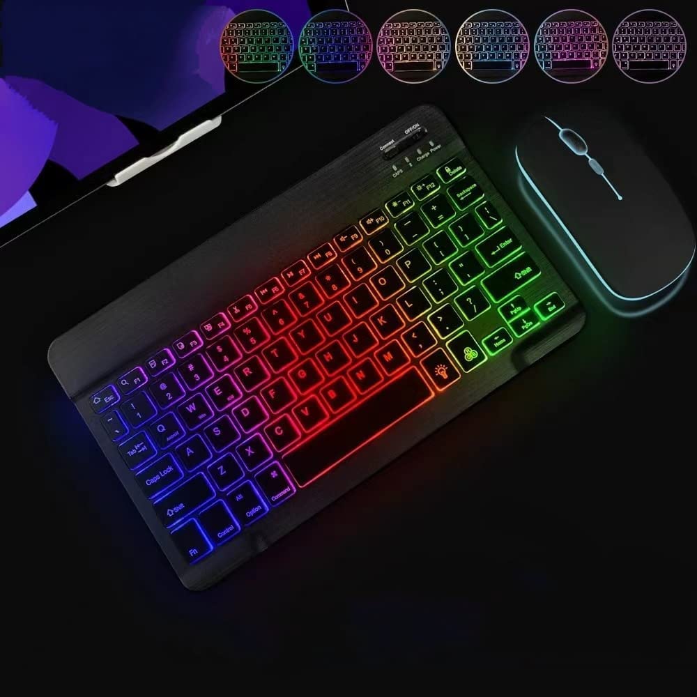 Ultra-Slim Lightweight Bluetooth Keyboard and Mouse Portable Mini Wireless Keyboard Rechargeable 7-Color Backlit for Apple iPad iPhone,Tablet iPhone