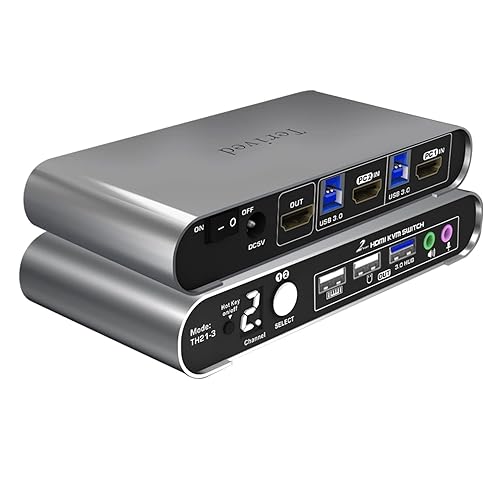 Terived 2 Port HDMI USB 3.0 KVM Switch with Aluminum Alloy Shell and Digital Display,Audio/Microphone, 4K@60Hz,hotkey,Auto EDID, HDR10 with Cables