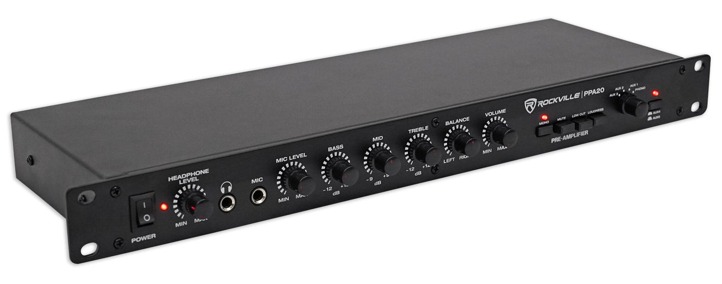 Rockville PPA20 Preamp 11V 1U Rack Mount Professional Pre-Amplifier, Phono Input, XLR Outputs, 3-Band EQ, for Home Audio and Studio Recording