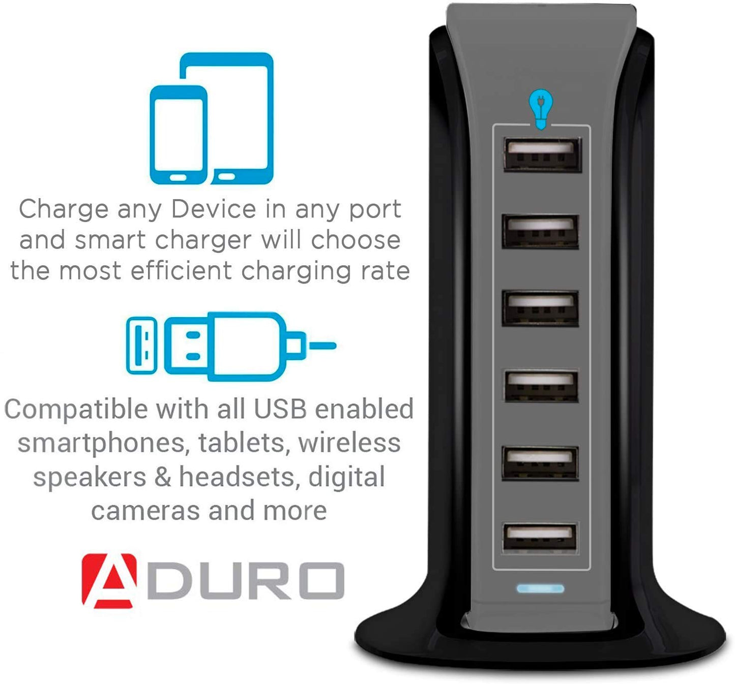 Aduro 40W 6-Port USB Desktop Charging Station Hub Wall Charger for iPhone iPad Tablets Smartphones with Smart Flow (Black/Grey)