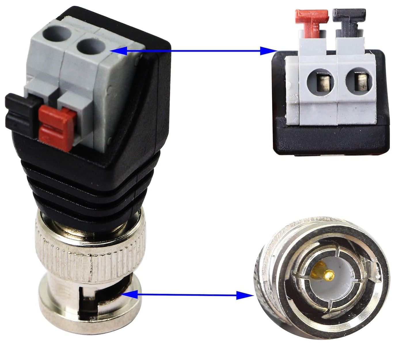 zdyCGTime BNC Video Baluns Adapter BNC Male Plug to 2 Pin/Way Screw Terminal Video Audio Spring Press Type Balun with Solderless Screw Terminal