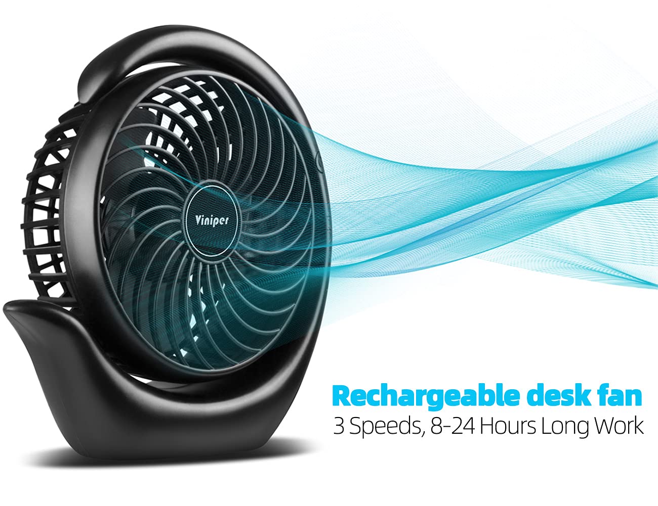 Viniper Portable Rechargeable Fan, Small Desk Fan : 3 Speeds & about 8-24 Hours Longer Working, 180 Rotation, Portable Battery Desktop Fan