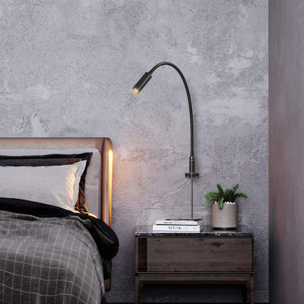 Agese Wall Mounted Reading Light Touch Switch Dimmable LED 3W Warm White 3000K AC Adaptor (Black)