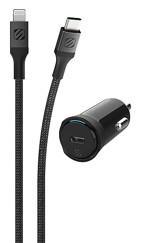 Scosche CPD20Ci4B4 Powervolt 20W USB Type-C PD 3.0 Black Fast Car Charger with MFi Certified USB-C to Lightning Charge & Sync Braided Space Gray…