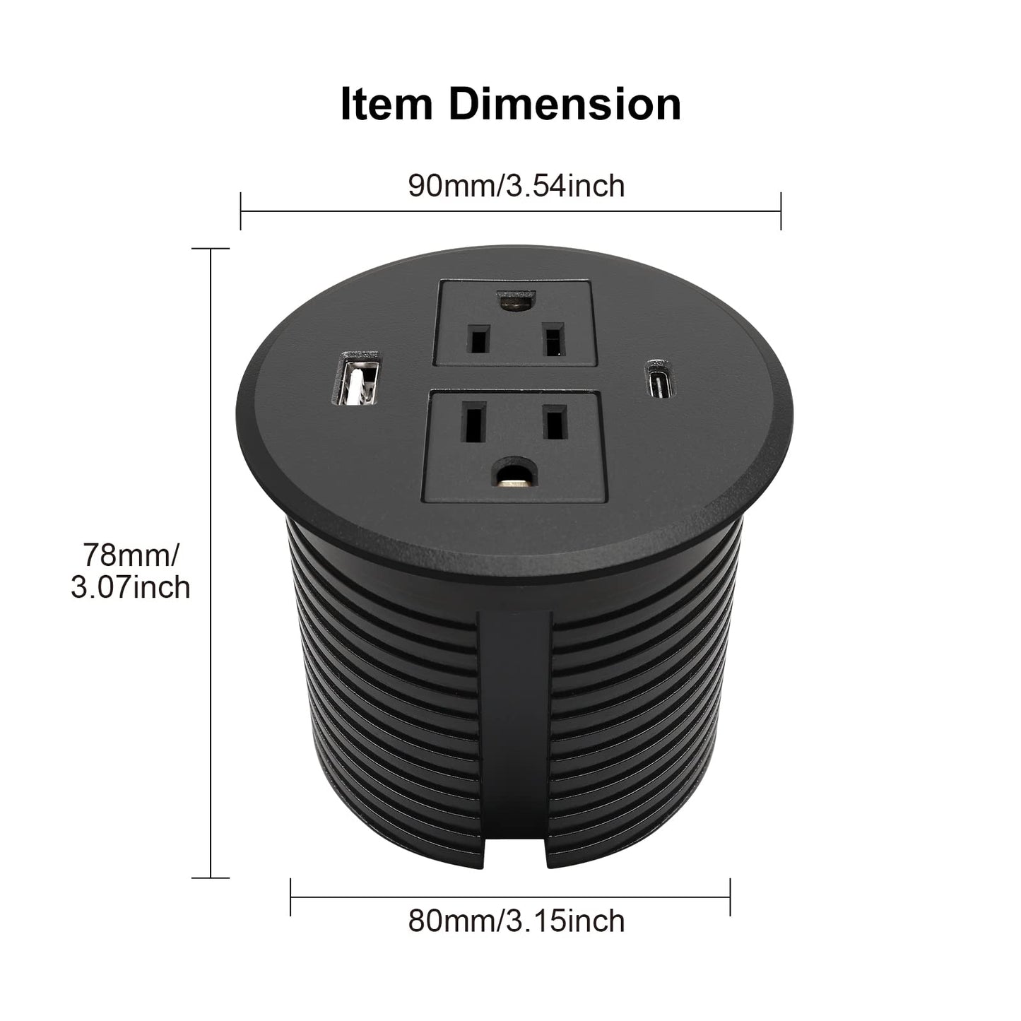 Desk Power Grommet USB C Total 30W, 3.15 Inch PD Fast Charge Desktop Power Strip 2 Outlets 2 USB Ports Recessed Flat Plug Extension Cord Mount into