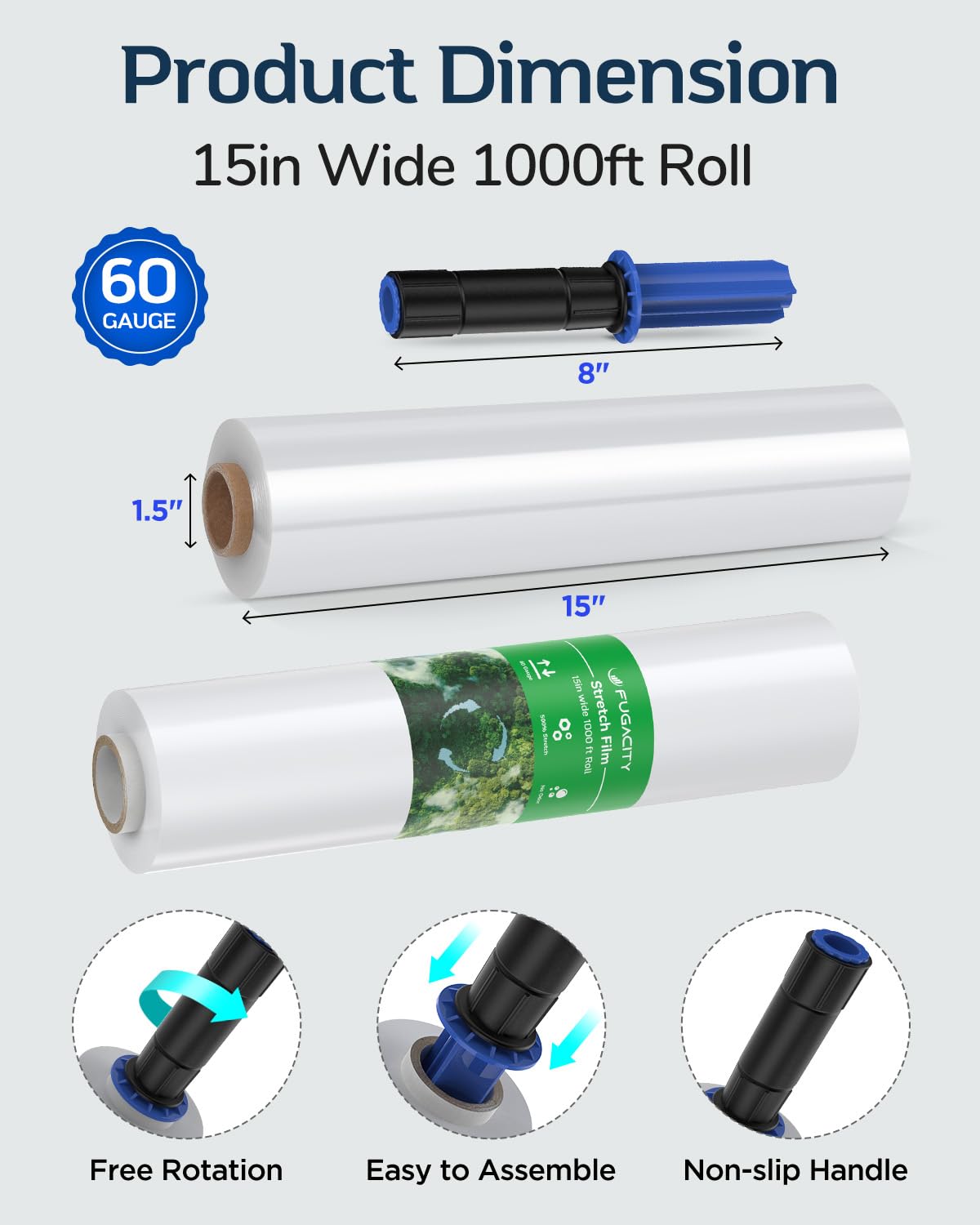 Stretch Warp Film- FugaCity 3 Pack Heavy Duty Shrink Wrap Roll with Handles 15" x 1000 Feet, 60 Gauge Industrial Strength for Pallet Wrap, Furniture